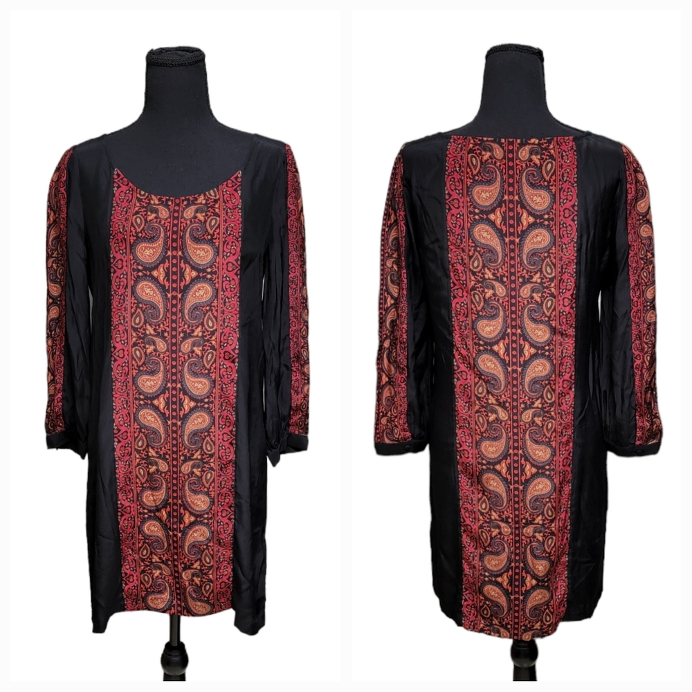Lucky Brand Size S 100% Silk Tunic Boho Dress Black With Red Paisley Pat…
